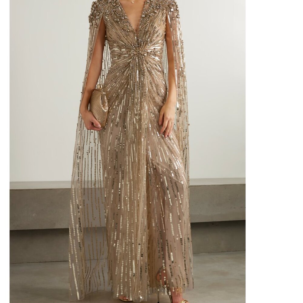 Jenny Packham - Lotus cape-effect embellished sequined tulle gown